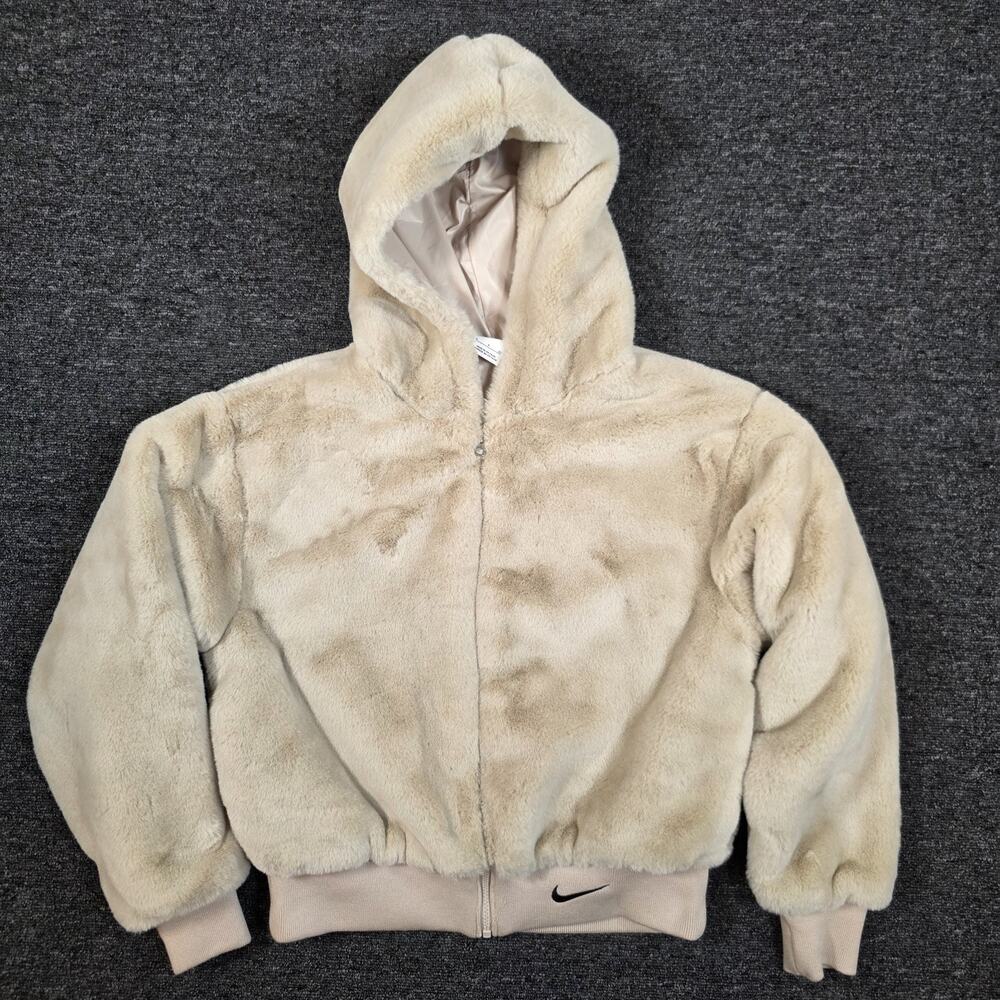 Nike Women's Beige Black Swoosh Faux Fur Jacket Hooded Women’s Small DD5116-206